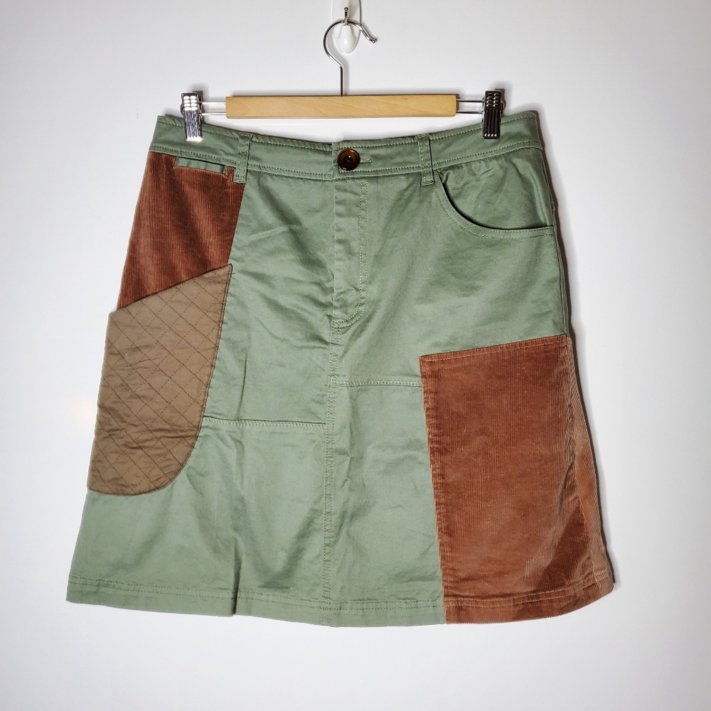 Anthropologie Meadow Rue Olive Green A-Line Skirt with Brown Patchwork